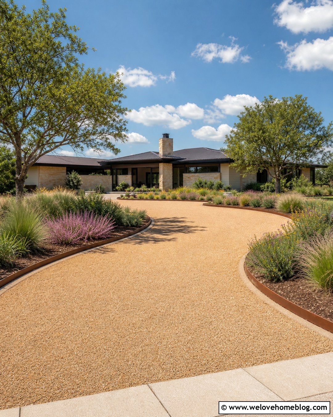 Gold Crushed Granite Driveway With Native Grasses - 25 Crushed Granite Driveway Ideas