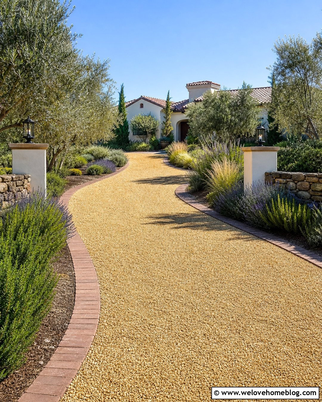 Golden Gravel Driveway With Mediterranean Landscaping - 20 Gravel Driveway Pictures Ideas