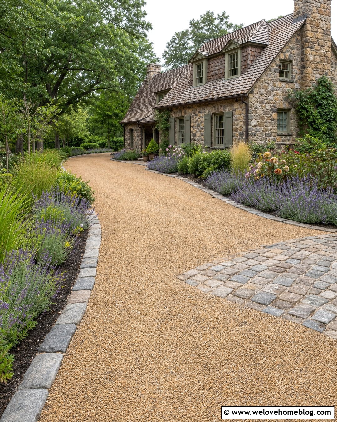 Golden Gravel Driveway With Reclaimed Cobblestones - 20 Cobble And Gravel Driveway Ideas
