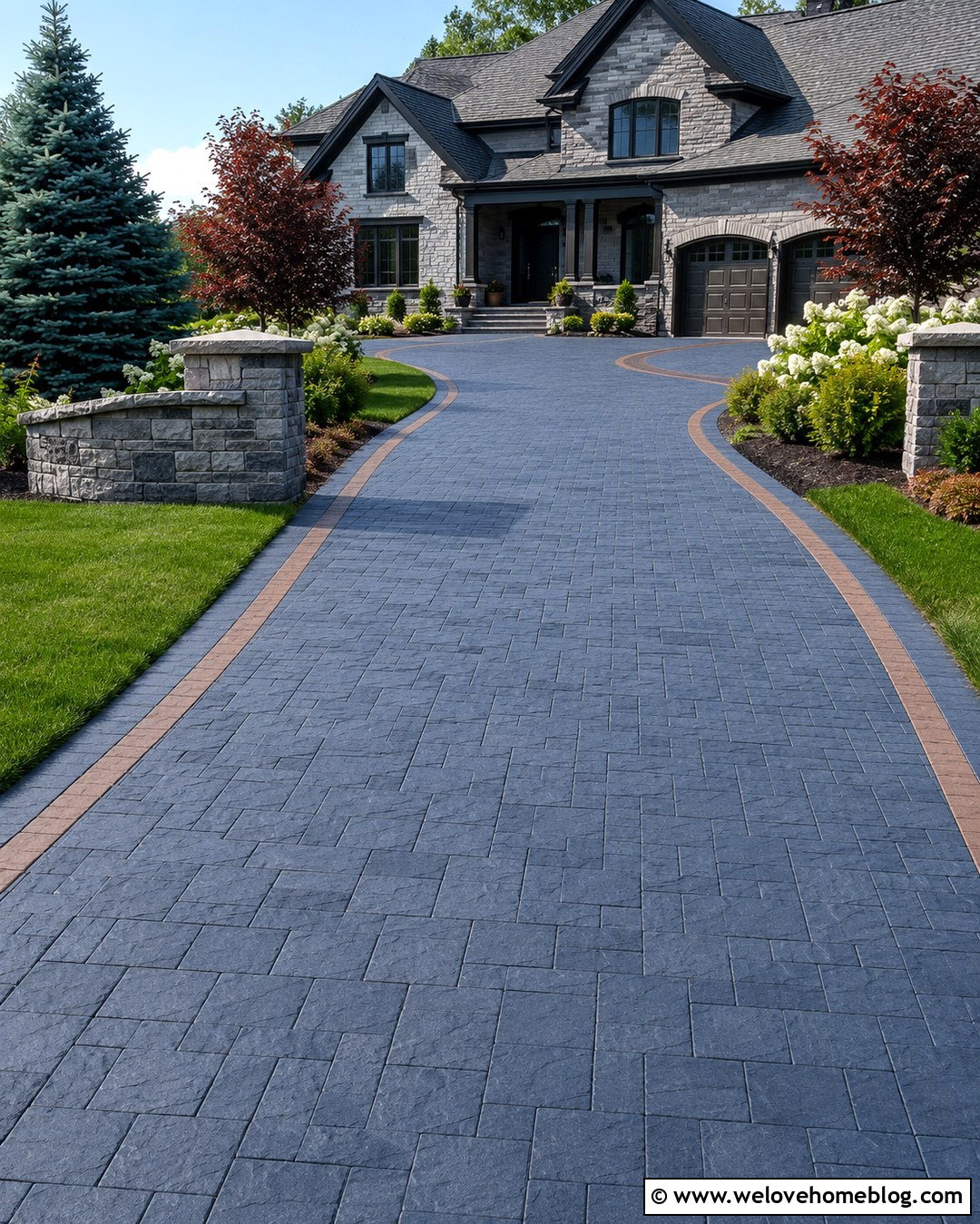 Golden Paver Driveway With Brown Ribbon - 20 colorful paver driveway ideas