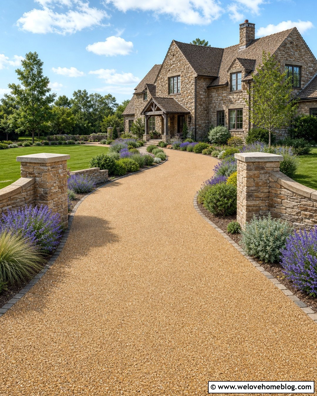 Golden Resin Bound Driveway With Stone Walls - 30 Resin Bound Driveways Ideas