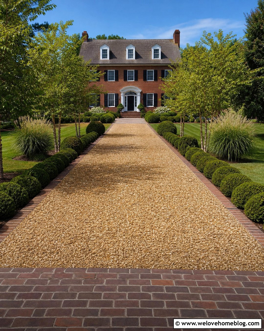 Golden Shingle Driveway With Brick Edging - 25 Shingle Driveway Ideas
