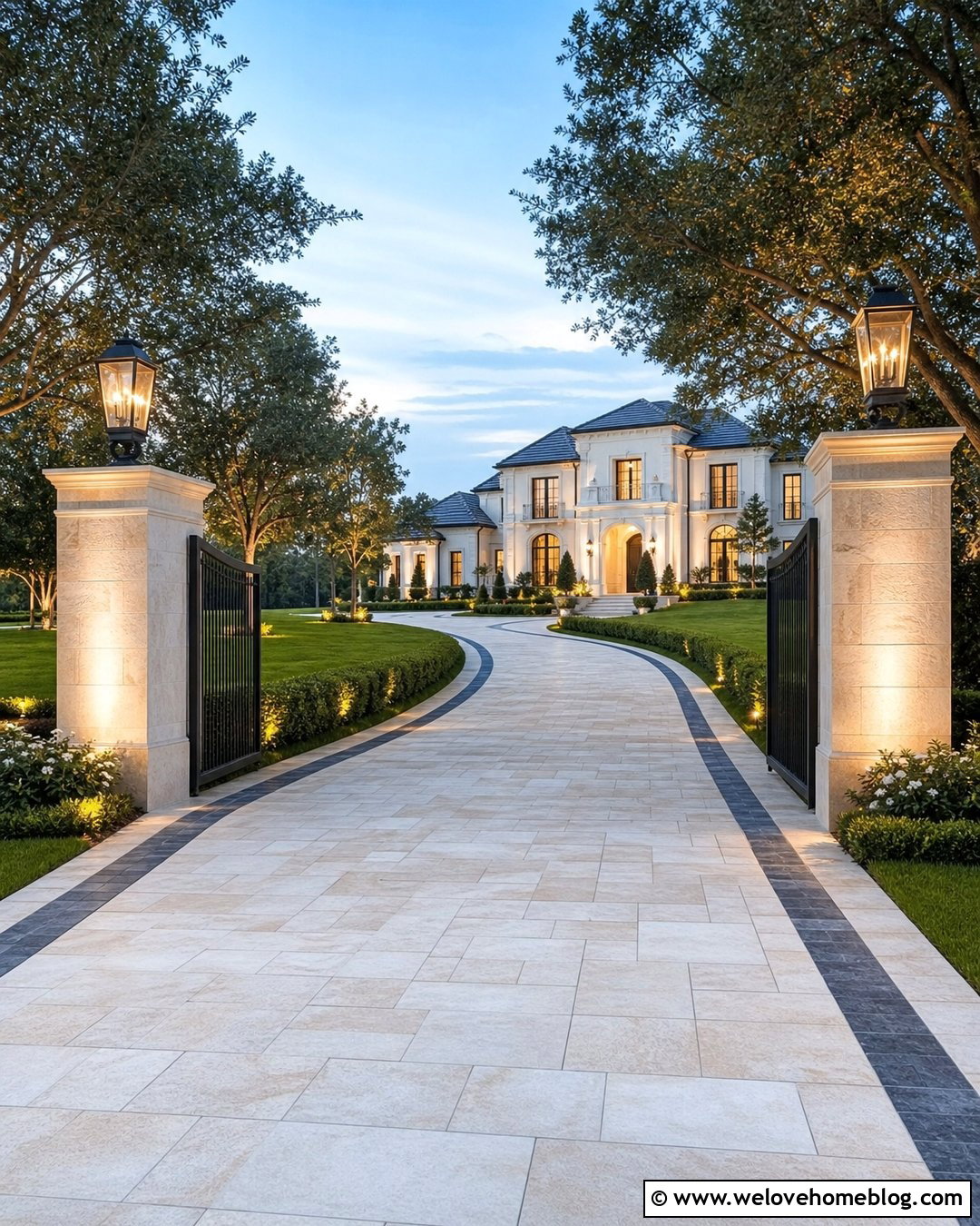 Grand Villa Driveway With Pillars And Lighting - 25 Villa Driveway Ideas
