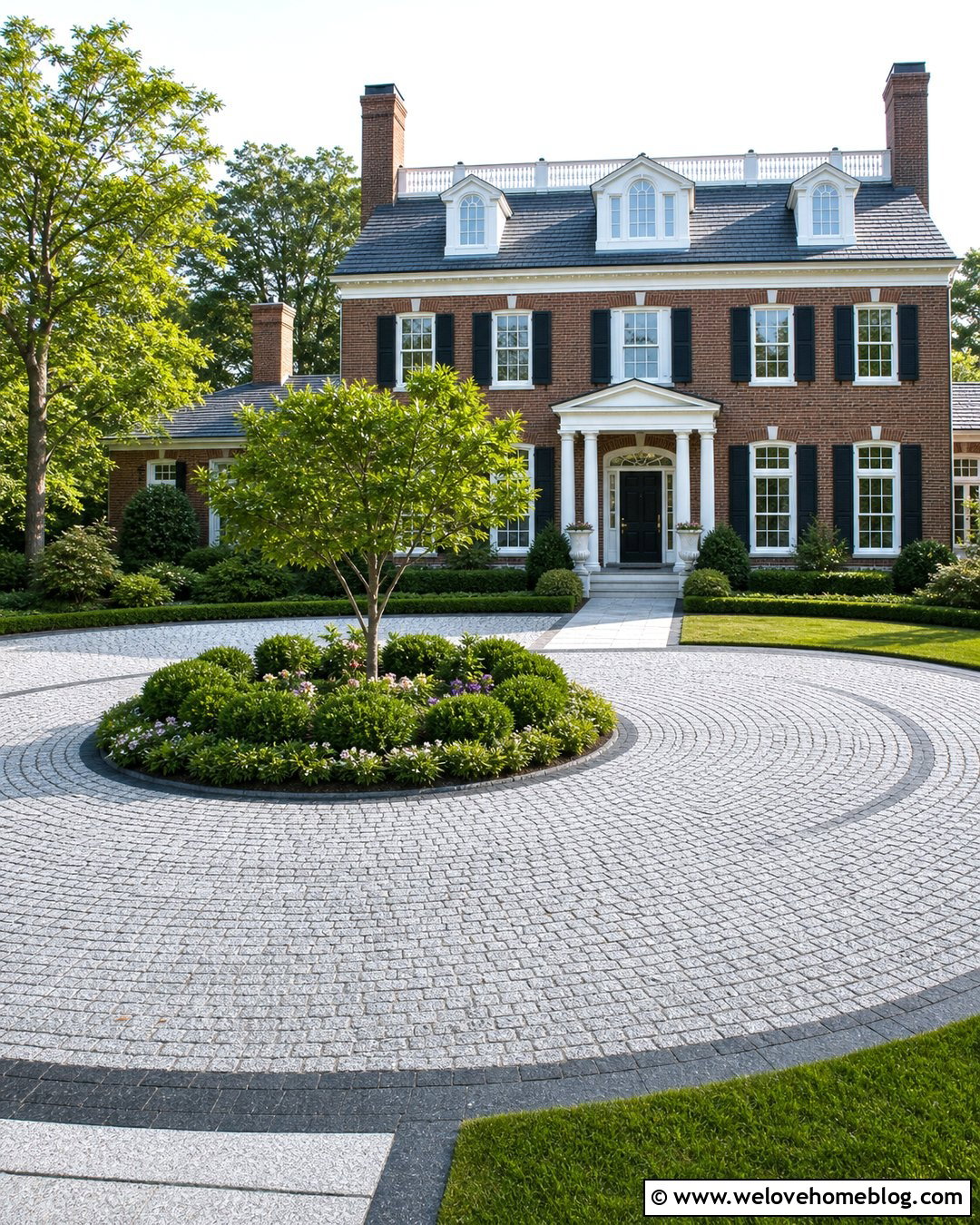Granite Circular Driveway With A Center Garden - 25 Natural Stone Driveway Ideas