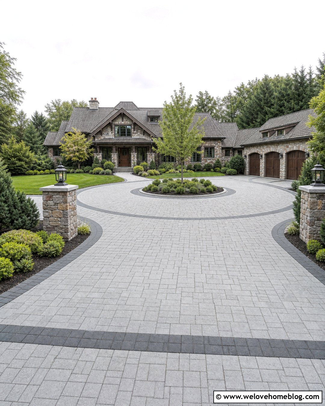 Granite Paver Roundabout Driveway With Stone Pillars