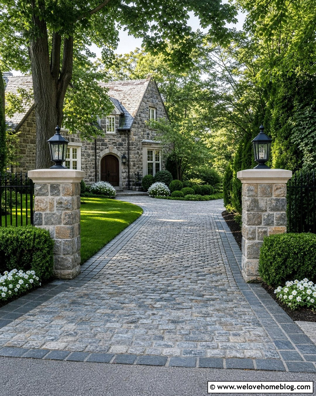 Granite Pillars With A Cobblestone Driveway - 40 Stone Pillars Driveway Entrance Ideas