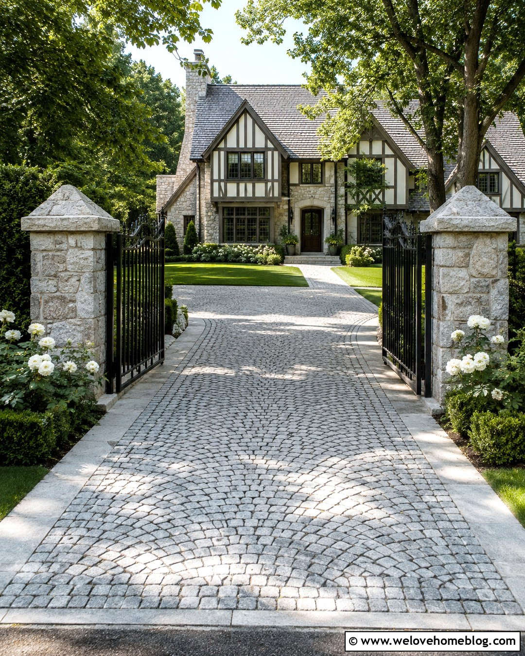 Granite Posts With A Cobblestone Driveway And Iron Gate - 20 stone posts driveway ideas