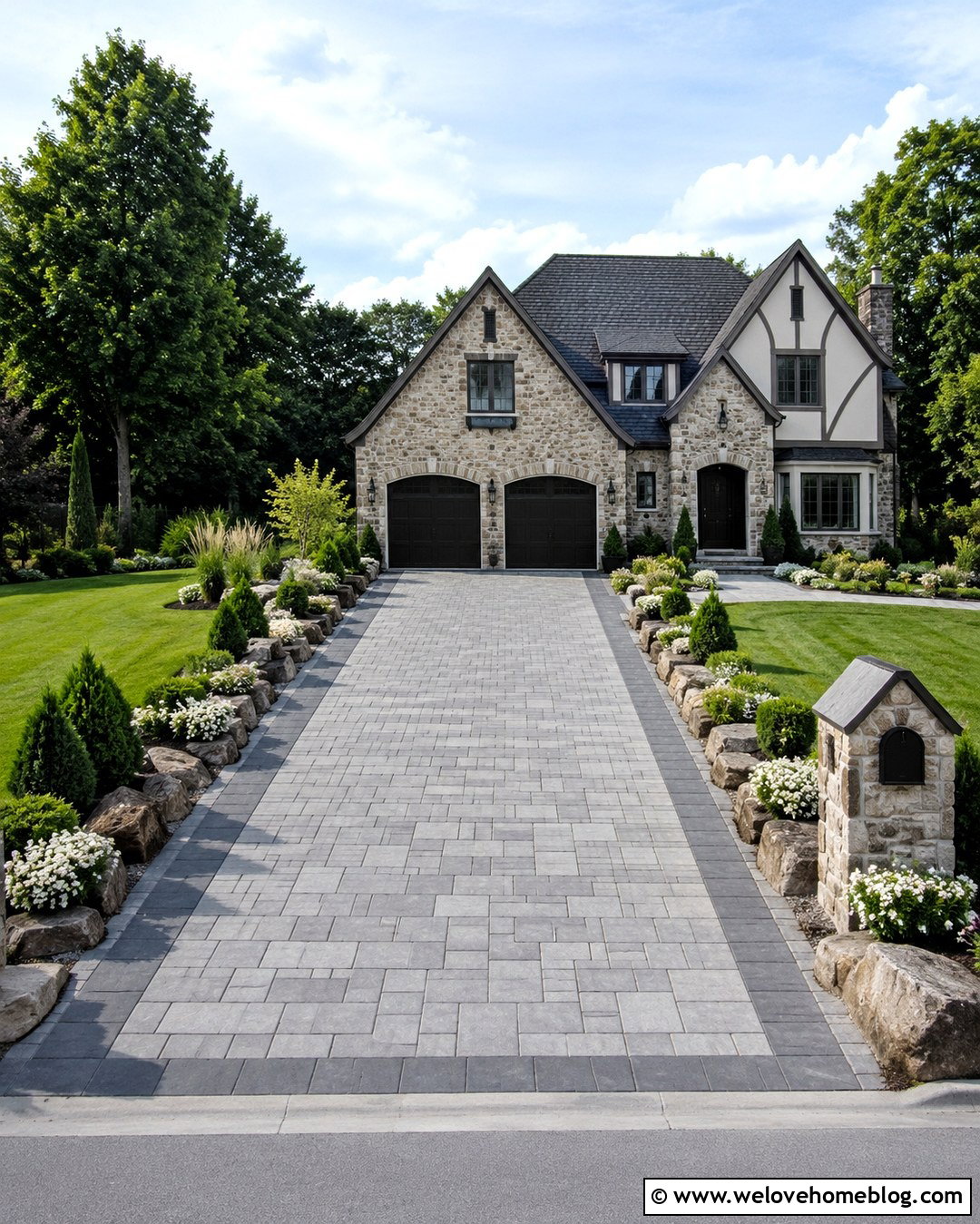 Granite Rock Lined Paver Driveway - 20 Rocks Lining Driveway Ideas