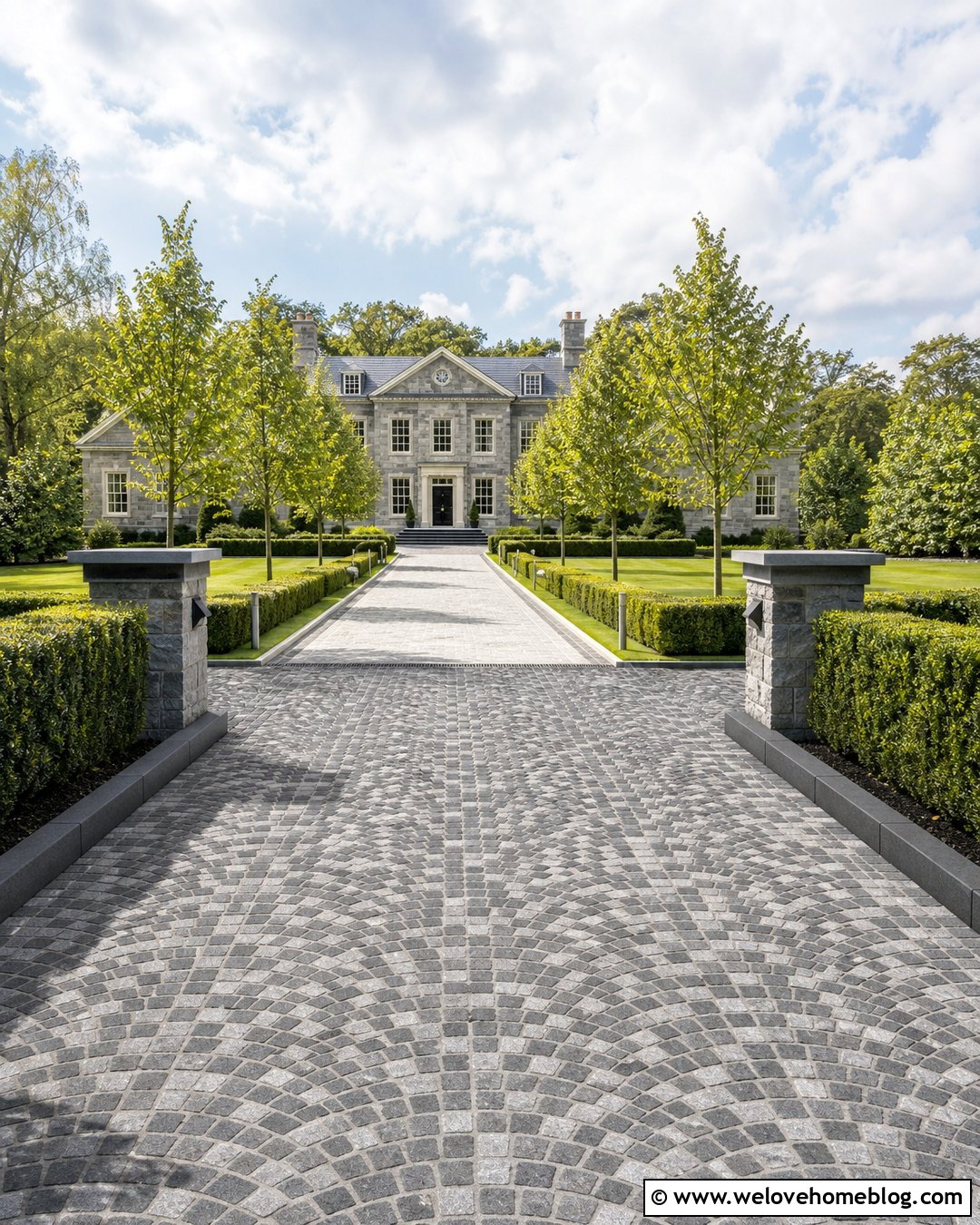 Granite Sett Driveway With Formal Hedges - 35 Beautiful Driveways Ideas