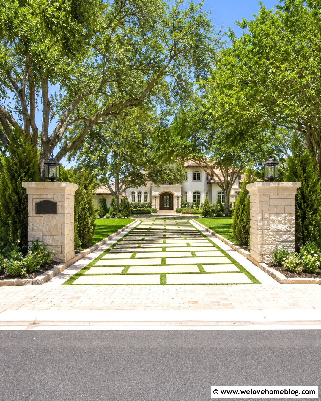 Grass And Paver Driveway With Entry Pillars - 20 grass and paver driveway ideas