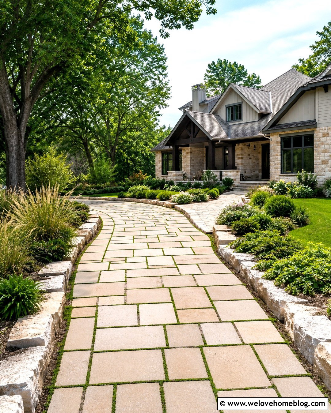 Grass And Paver Driveway With Stone Edging