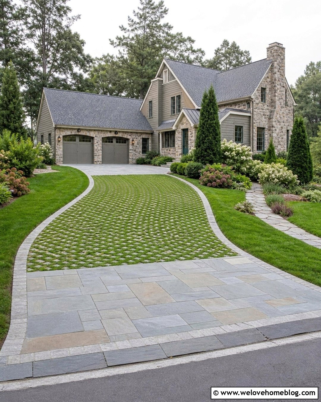 Grass Driveway With A Stone Garage Landing - 20 drivable grass driveways ideas