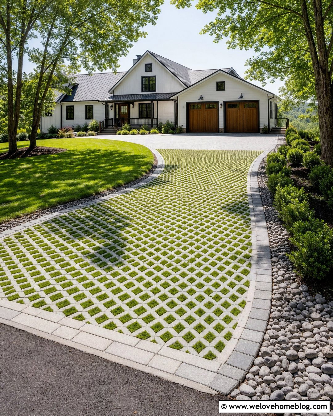 Grass Paver Driveway With Decorative Rock Edging - 20 rock and paver driveway ideas