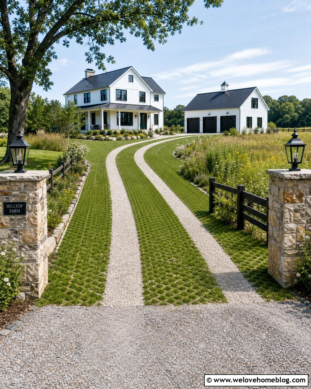 Grass Paver Driveway With Farmhouse Entrance - 20 porous driveway ideas
