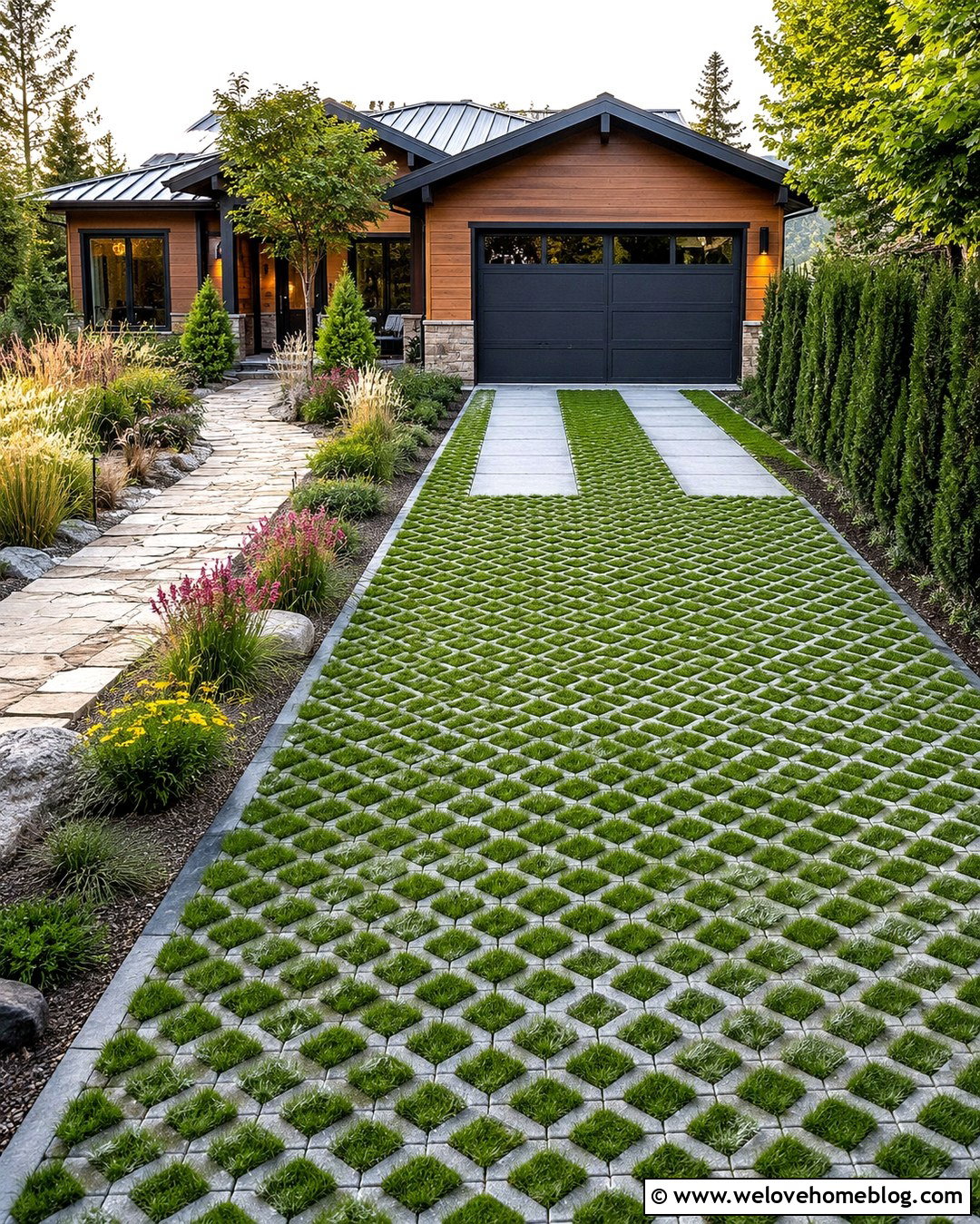 Grass Paver Driveway With Garden Borders - 20 Dream House Driveway Ideas