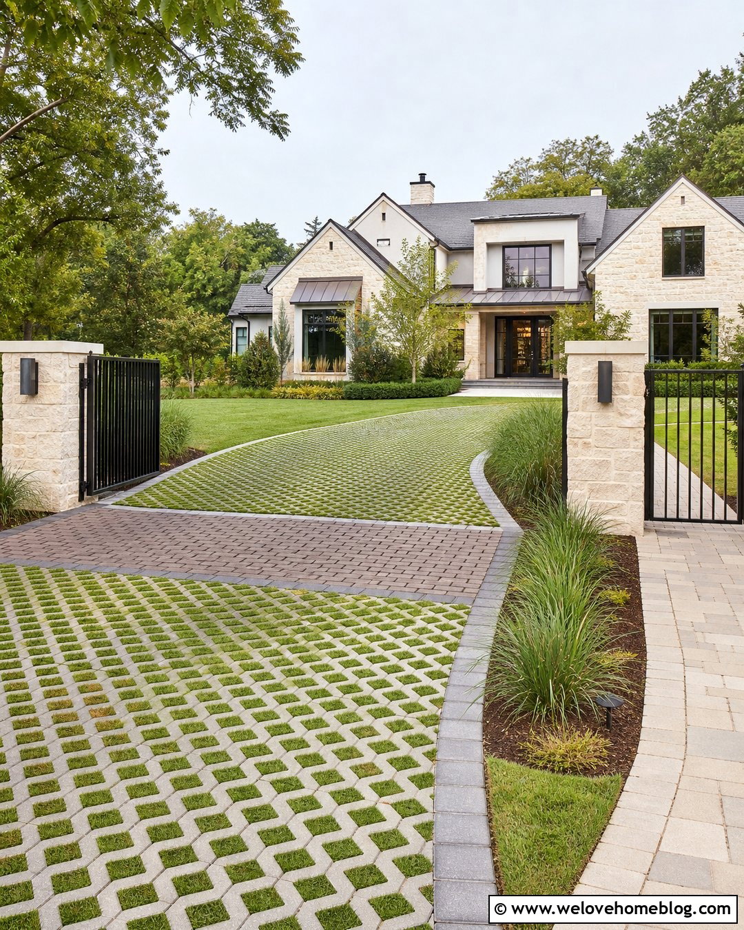 Grass Paver Driveway With Metal Gate - 45 grass pavers driveway ideas