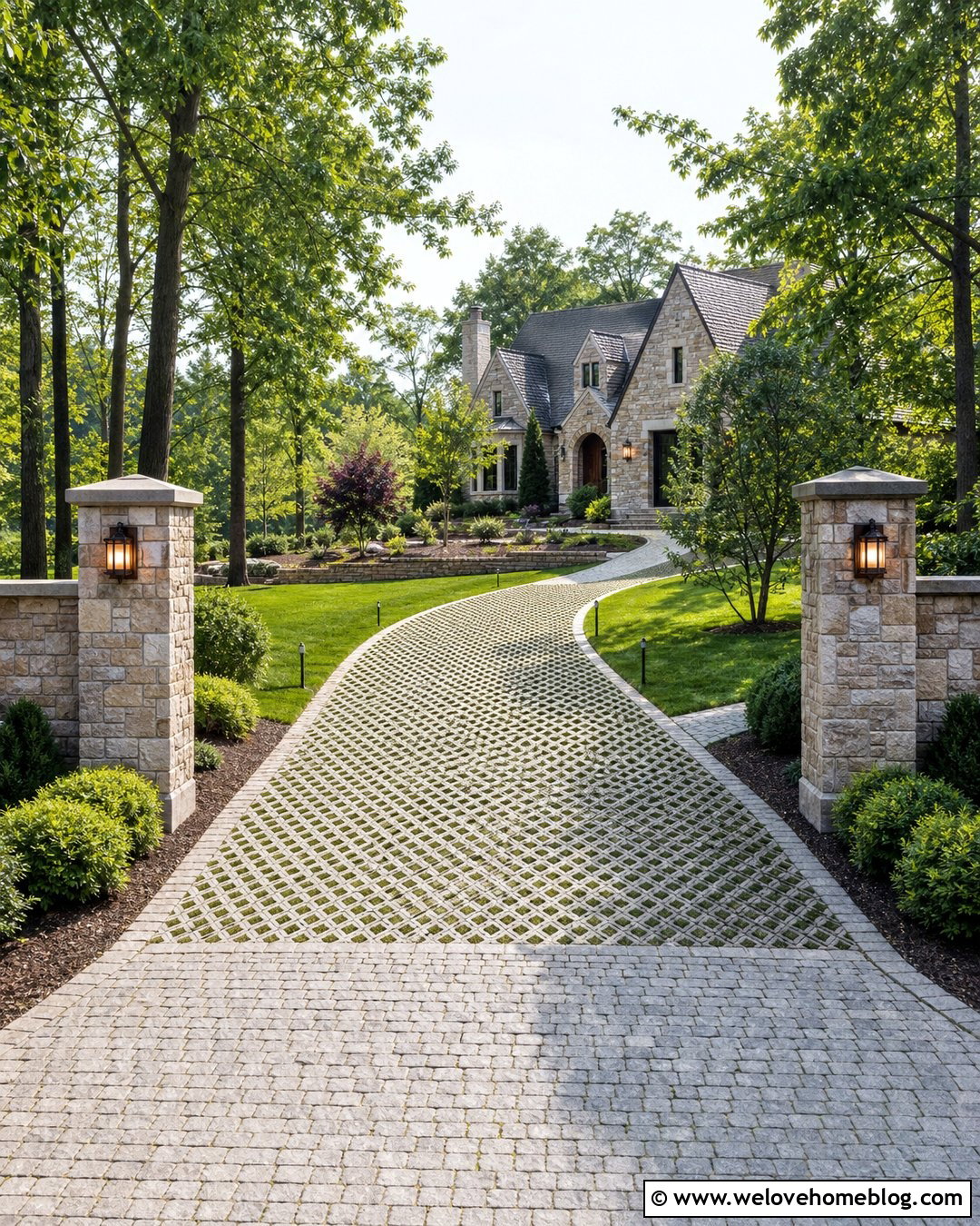 Grass Paver Driveway With Stone Pillars - 45 grass pavers driveway ideas
