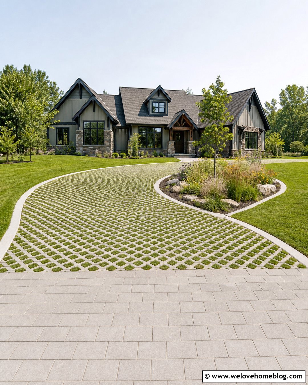 Grass Paver Round Driveway With Natural Landscaping - 30 Round Driveway Ideas