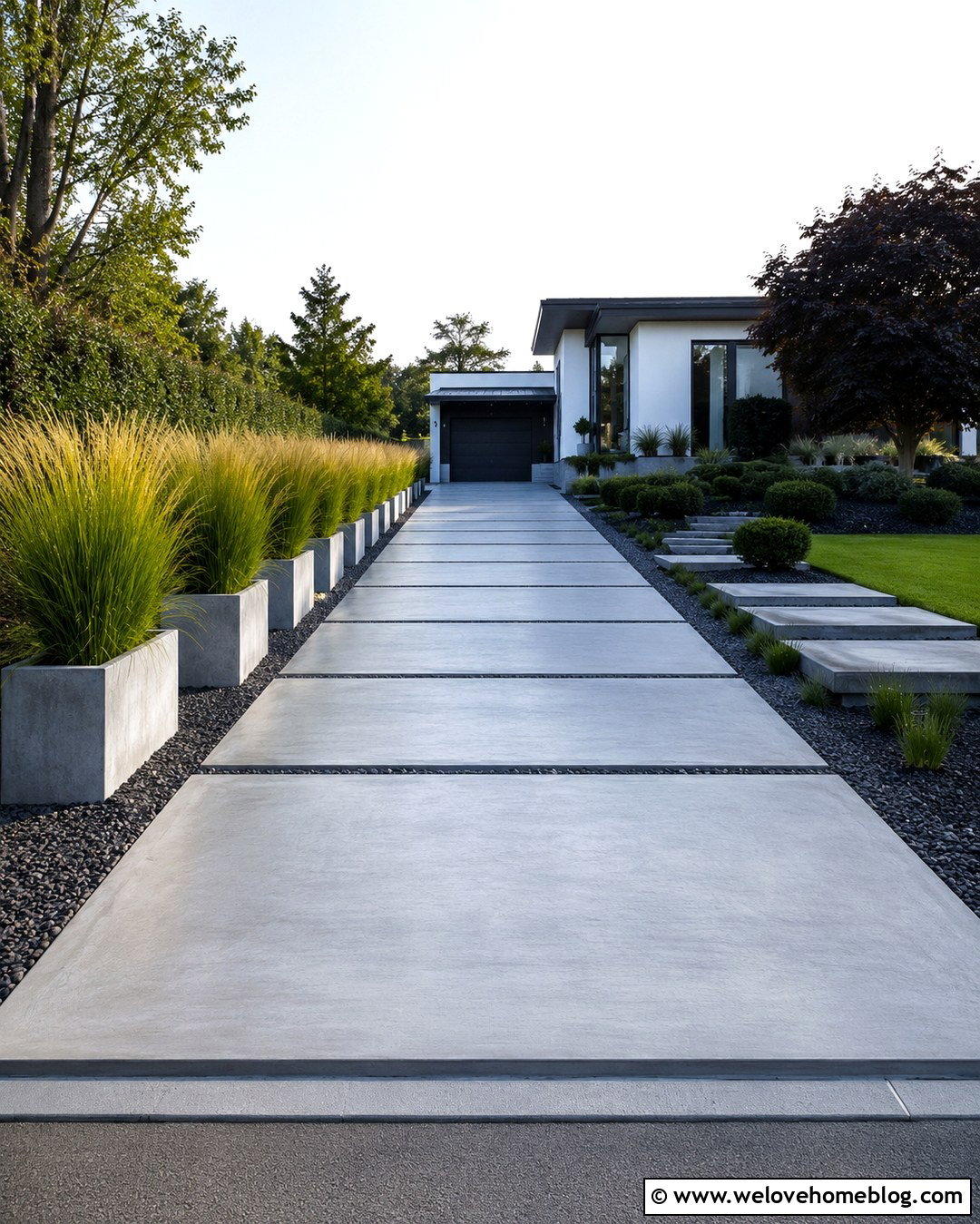 Grass Pots Along A Modern Driveway - 20 Pots Along Driveway Ideas