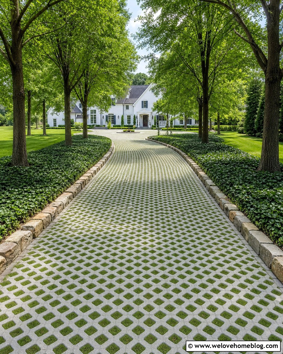 Grasscrete Driveway With A Tree Lined Approach - 20 Grasscrete Driveway Ideas