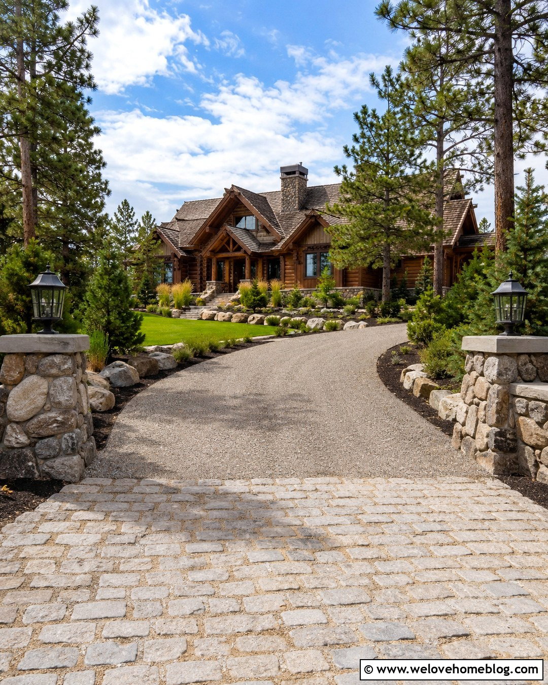 Gravel Cabin Driveway Entrance With Stone Pillars - 20 Cabin Driveway Entrance Ideas
