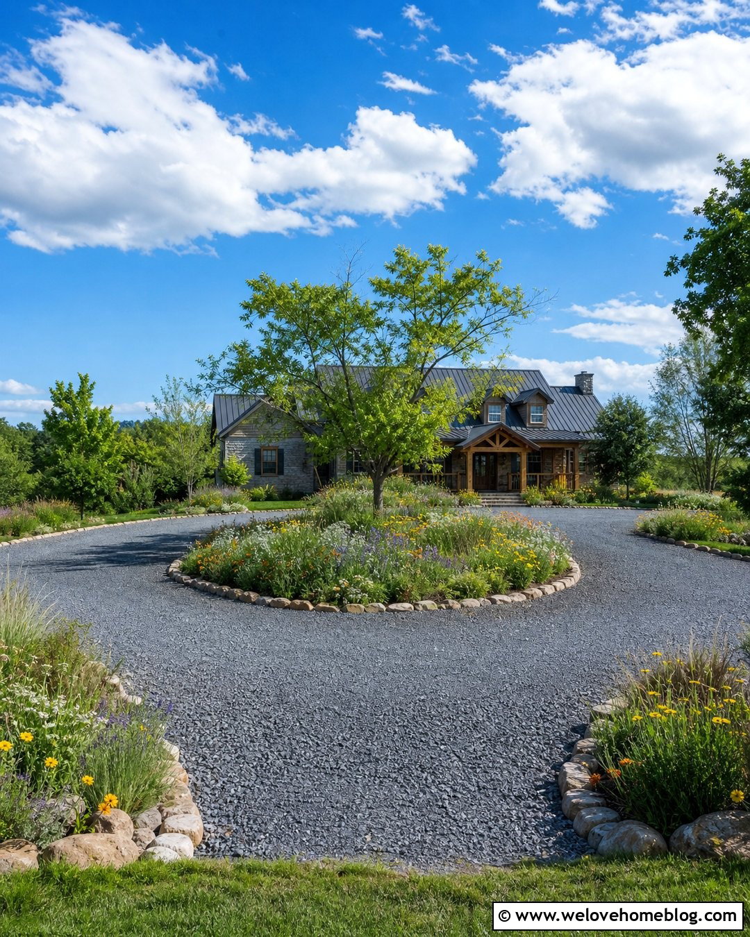 Gravel Circle Driveway With Wildflower Island - 40 circle driveway landscaping ideas