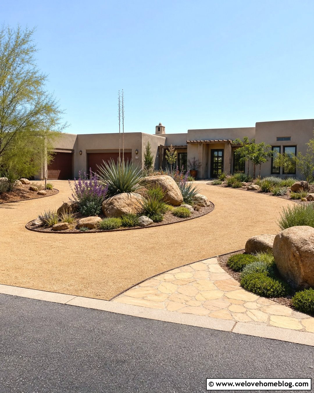 Gravel Circular Driveway With A Boulder Garden - 20 landscape circular driveway ideas