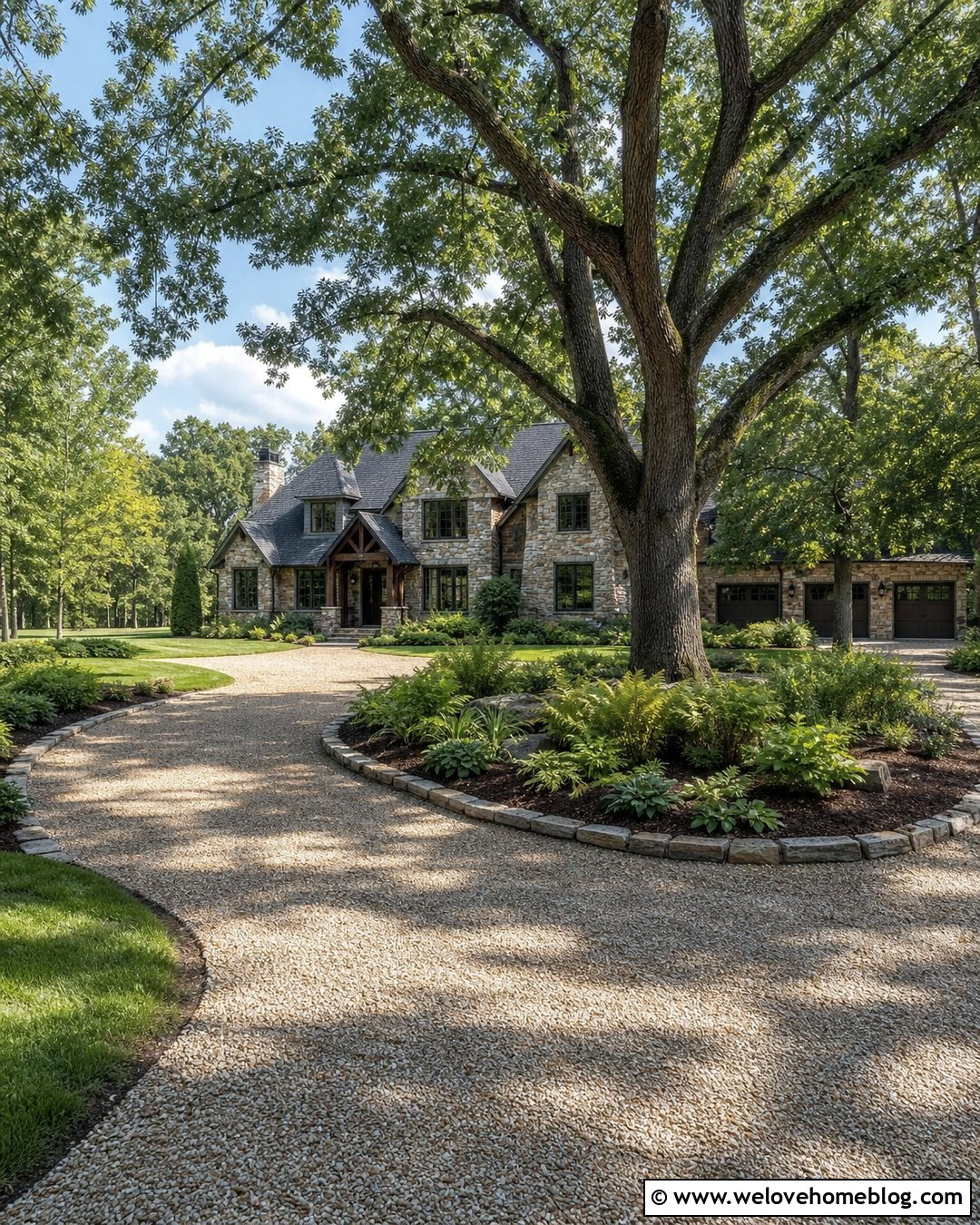 Gravel Circular Driveway With Large Tree Island - 20 gravel circular driveway ideas