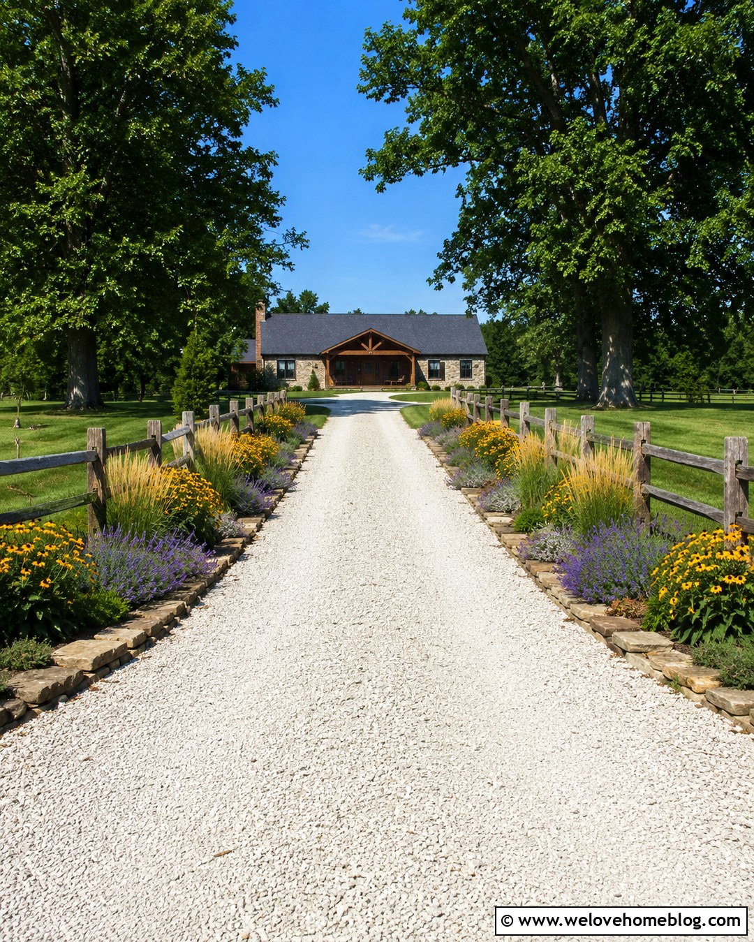 Gravel Country Driveway With Split Rail Fence - 20 end of driveway landscaping country ideas