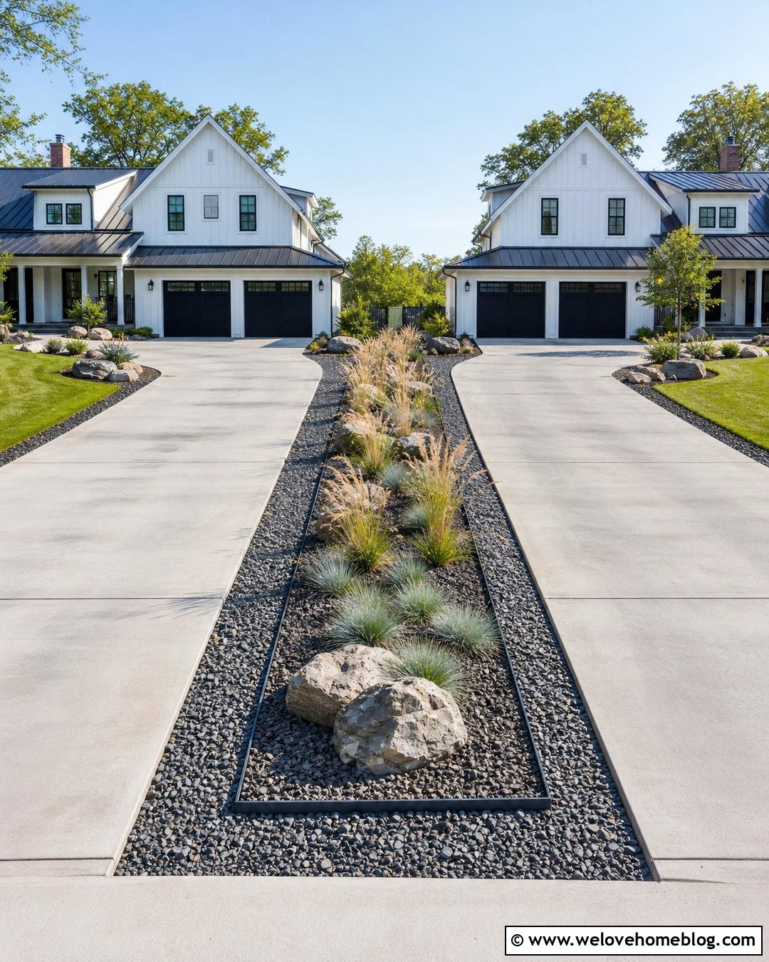 Gravel Driveway Divider With Ornamental Grasses