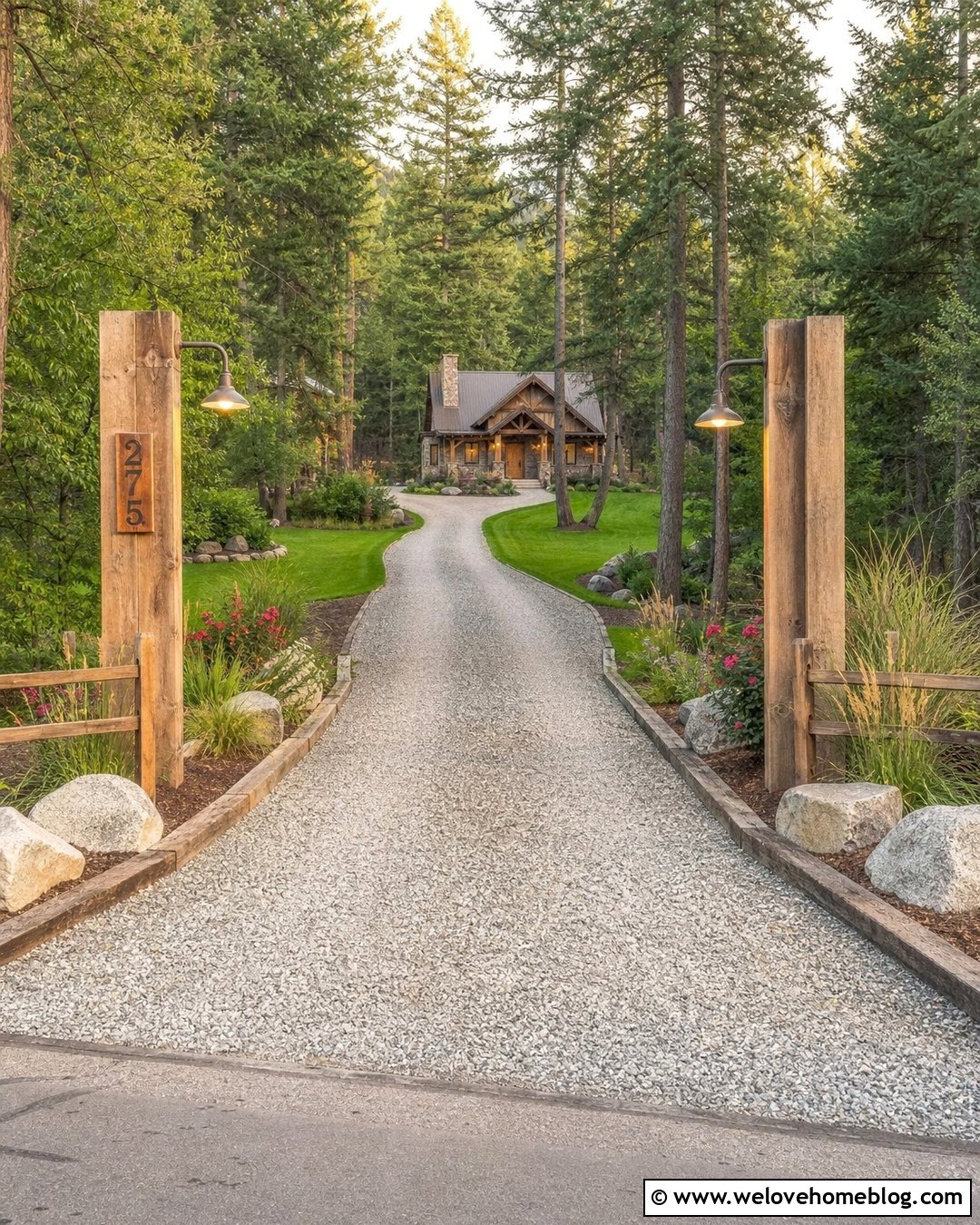 Gravel Driveway Entrance With Timber Posts - 20 Stylish Driveway Entrance Design Ideas