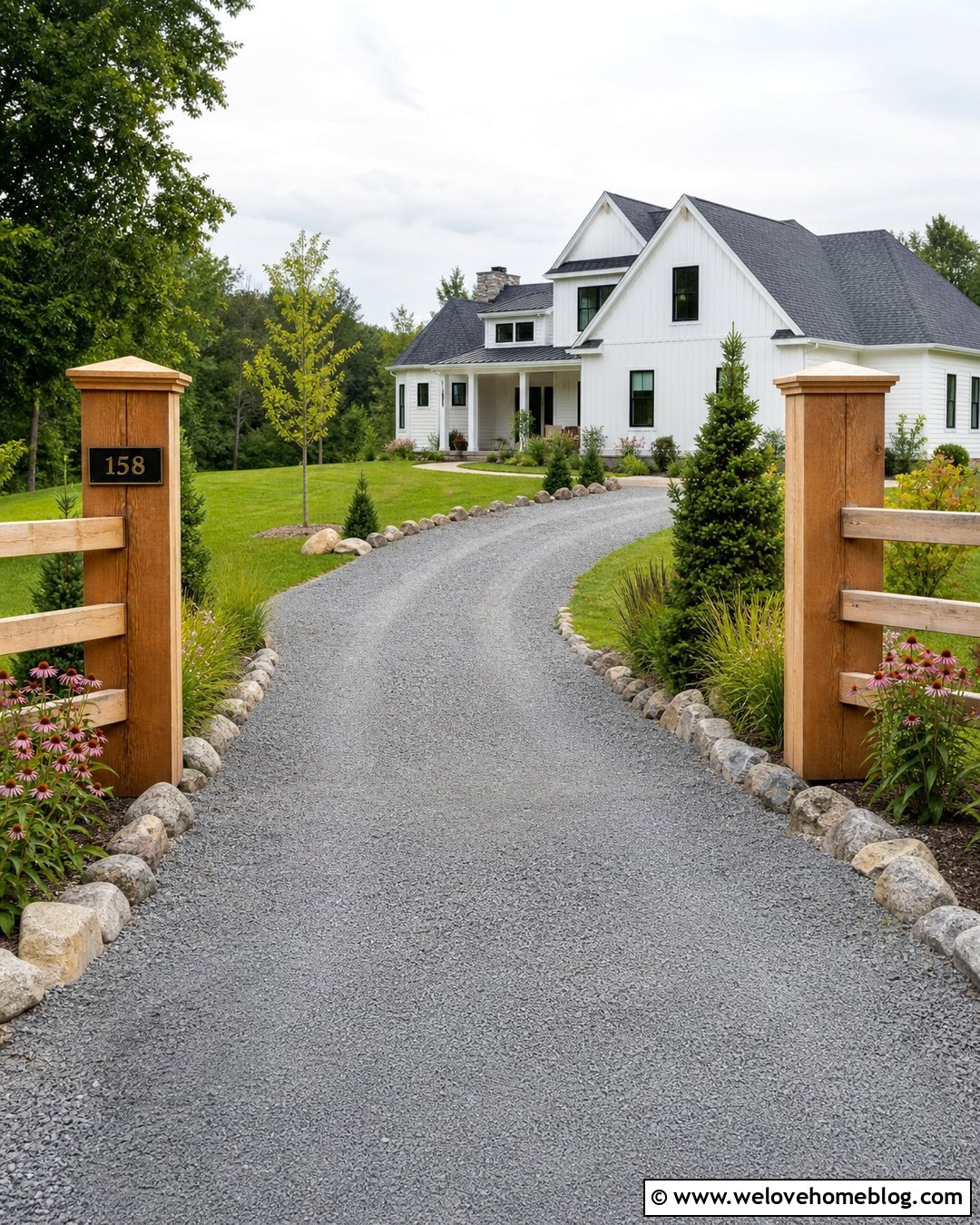Gravel Driveway Entrance With Timber Posts - 20 Simple Driveway Entrance Ideas