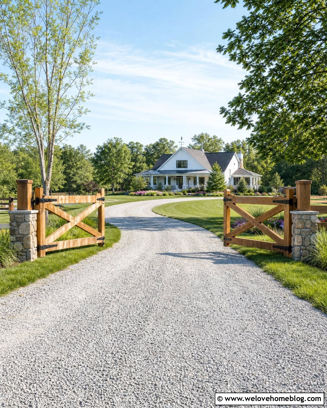 Gravel Driveway Entrance With Wooden Farm Gate - 25 Rural Driveway Entrance Ideas