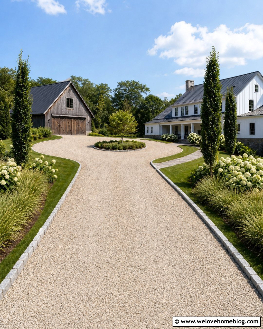 Gravel Driveway With A Barn Garage Turnaround - 20 Farmhouse Gravel Driveway Ideas