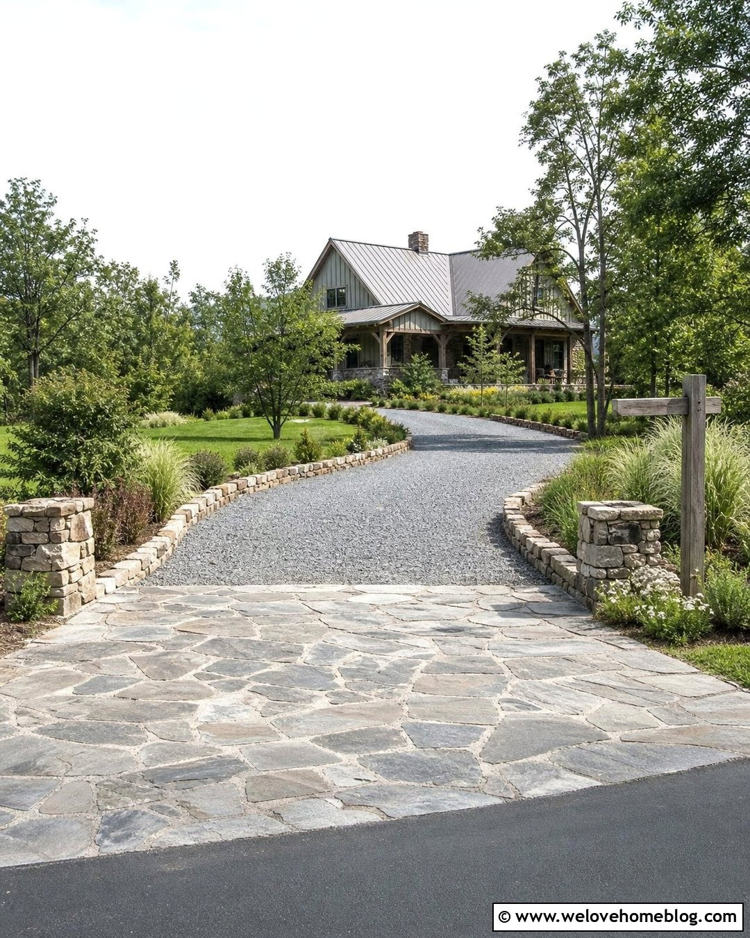Gravel Driveway With A Fieldstone Entrance Apron - 25 Natural Driveway Ideas