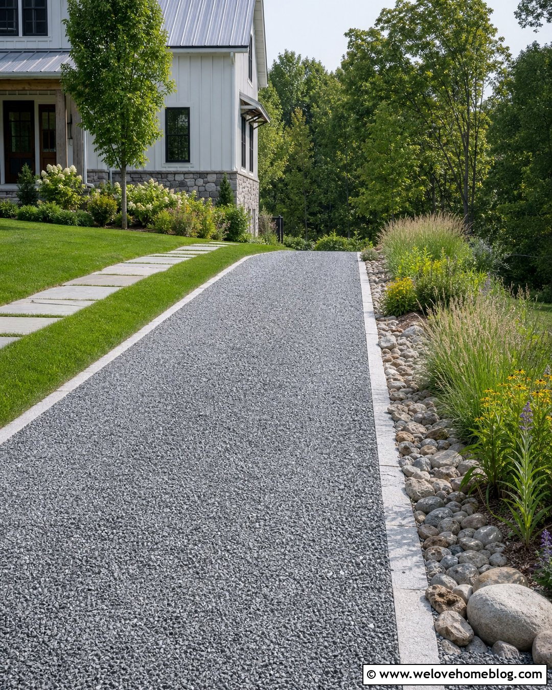 Gravel Driveway With A Planted Drainage Swale - 20 Farmhouse Gravel Driveway Ideas