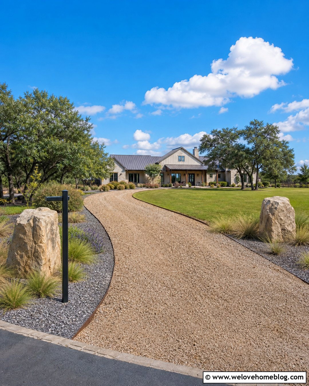 Gravel Driveway With Address Post And Boulder Markers - 40 driveway on a budget ideas