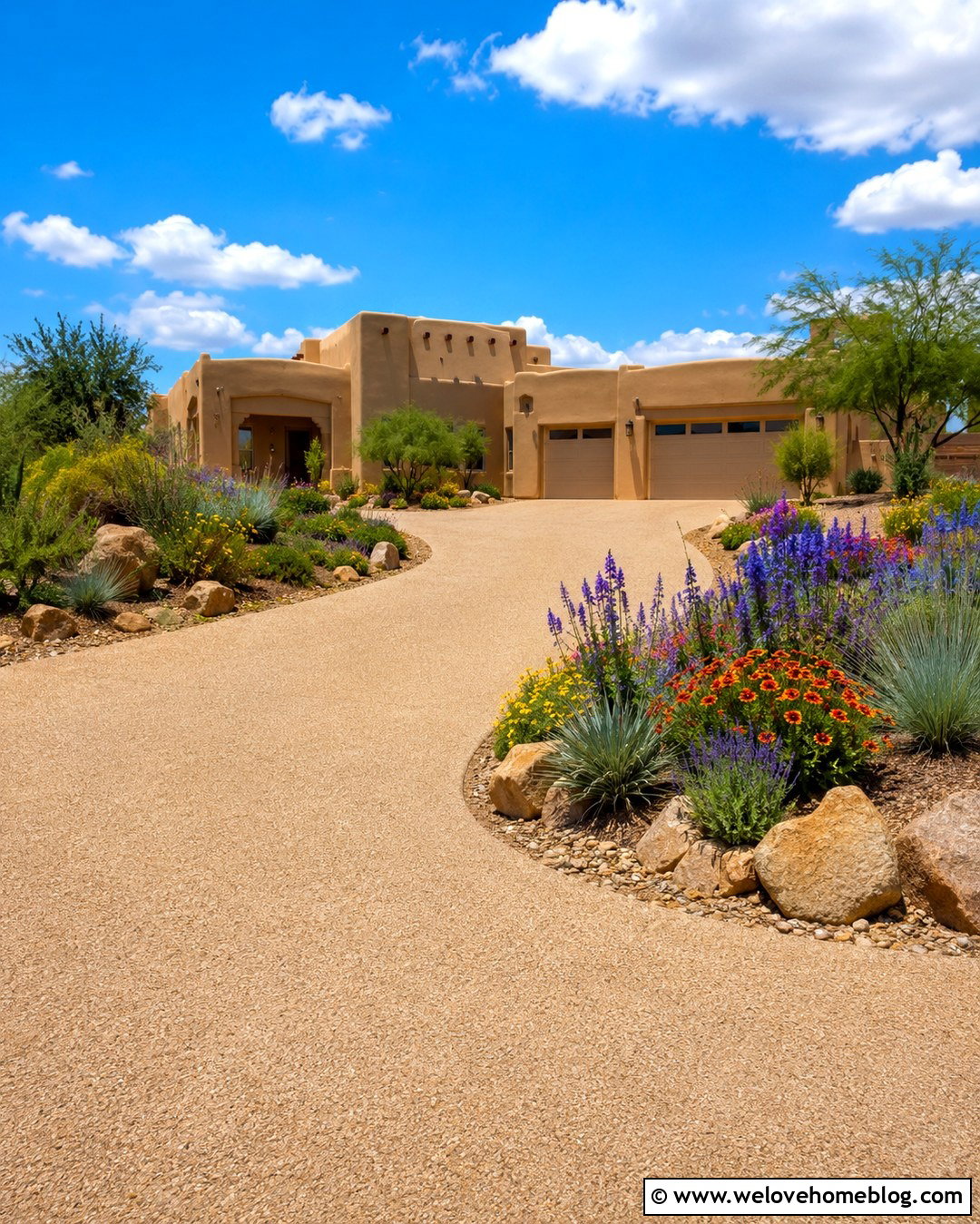 Gravel Driveway With Boulders And Drought Tolerant Flowers - 20 Gravel Driveway With Flowers Ideas