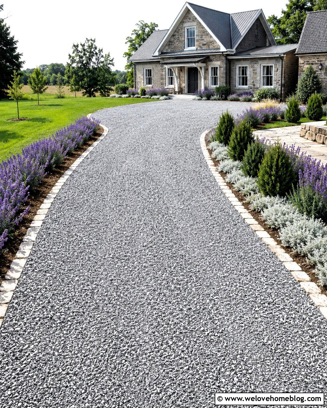 Gravel Driveway With Cobblestone Edging And Lavender - 20 Driveway Landscaping Before And After Ideas