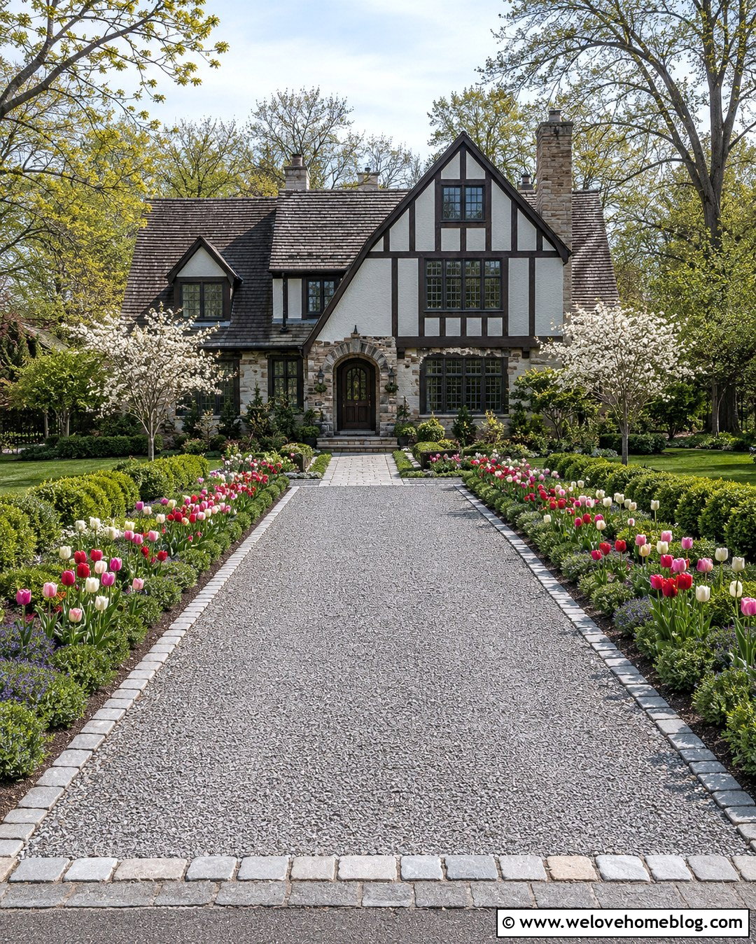 Gravel Driveway With Cobblestone Edging And Tulips - 20 Gravel Driveway With Flowers Ideas