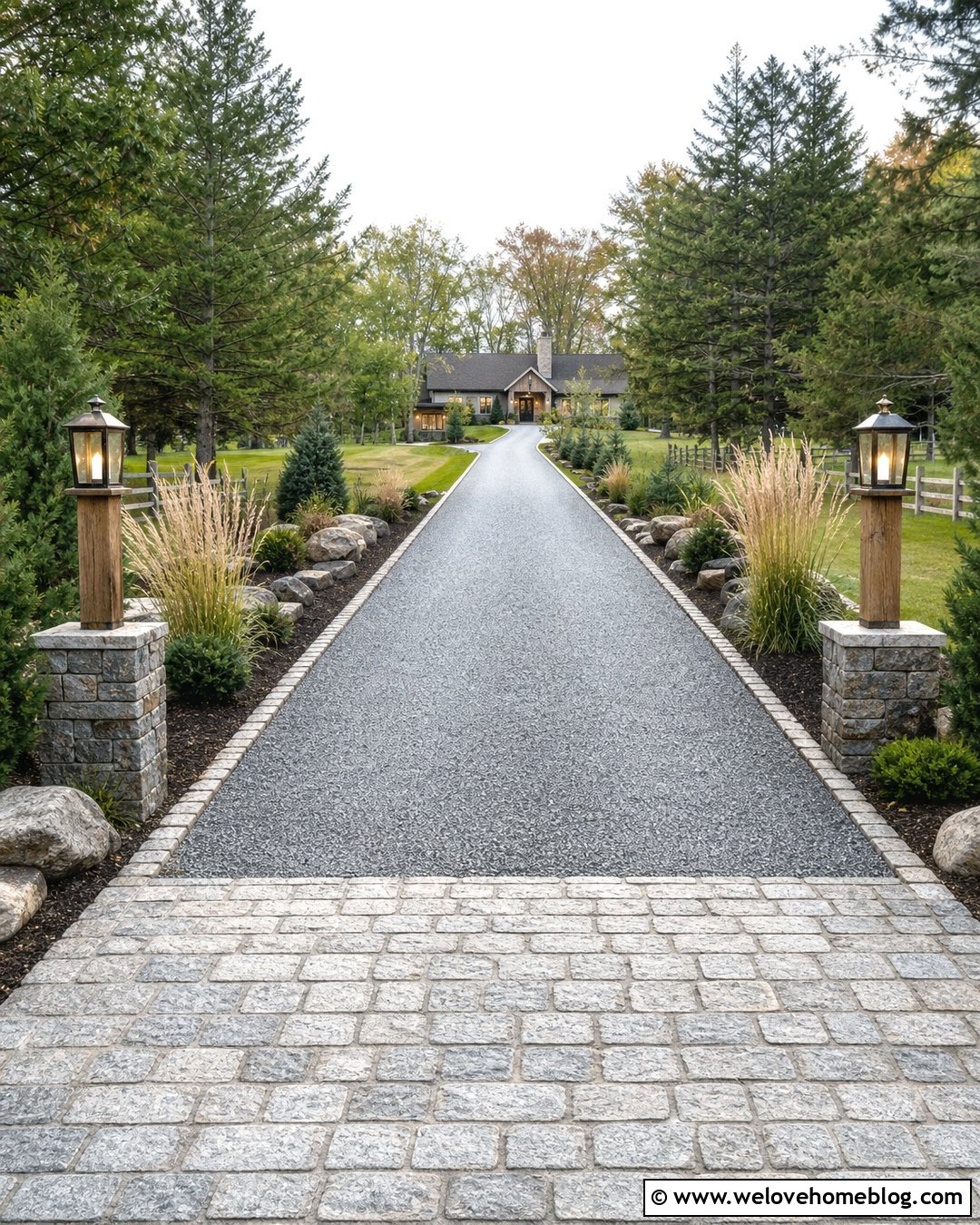 Gravel Driveway With Cobblestone Entrance Apron - 20 Driveway Makeover Inspiration Ideas