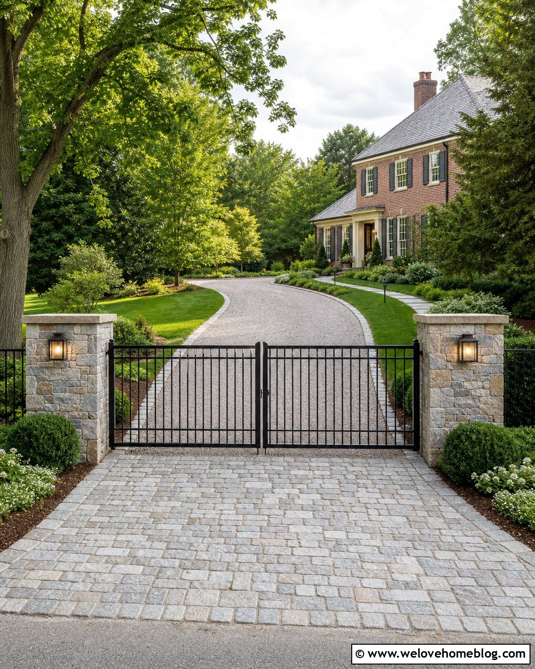 Gravel Driveway With Cobblestone Gate Pillars - 20 Cobble And Gravel Driveway Ideas