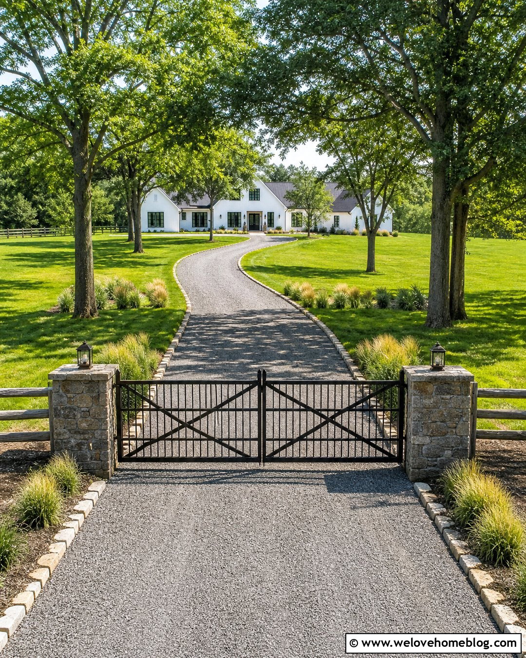Gravel Driveway With Farmhouse Gate And Pillars - 35 Beautiful Driveways Ideas