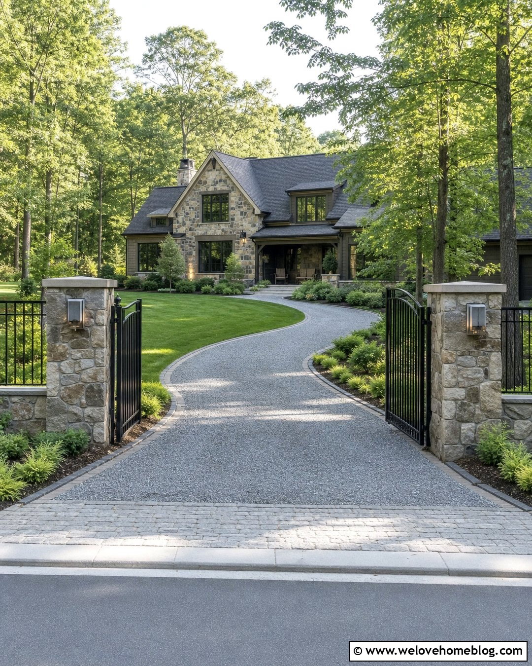 Gravel Driveway With Gates and Stone Pillars - 20 how to make a gravel driveway look nice ideas