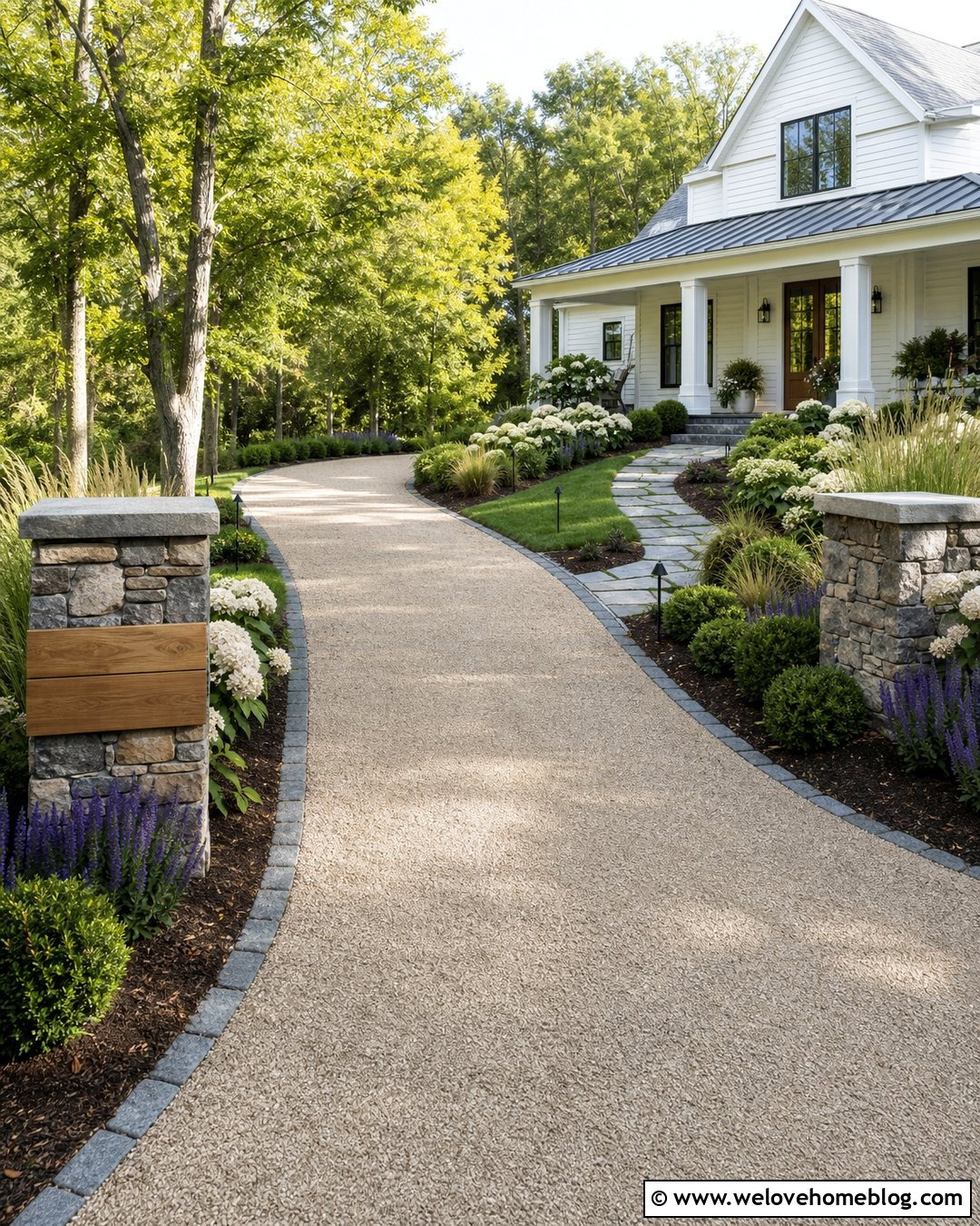 Gravel Driveway With Lighting And An Address Sign - 20 Farmhouse Gravel Driveway Ideas
