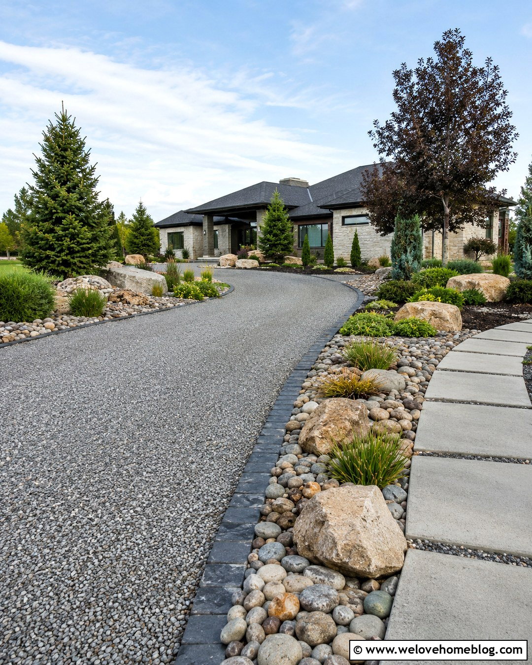 Gravel Driveway With Low Maintenance Rock Landscaping - 20 big front yard landscaping driveways ideas