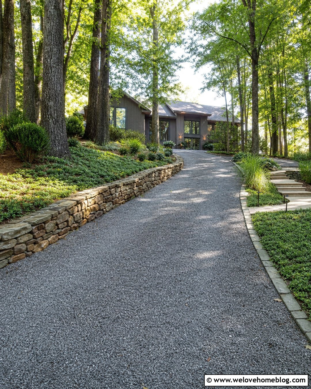 Gravel Driveway With Low Stone Wall Curbing - 20 Gravel Driveway Curbing Ideas