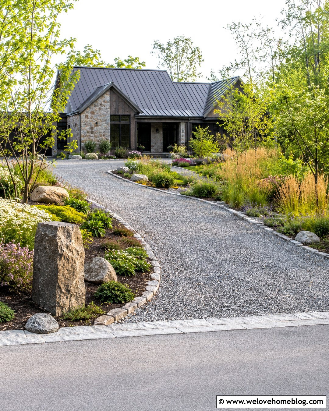 Gravel Driveway With Mixed Stone And Plant Edging - 20 Gravel Driveway Landscaping Edging Ideas