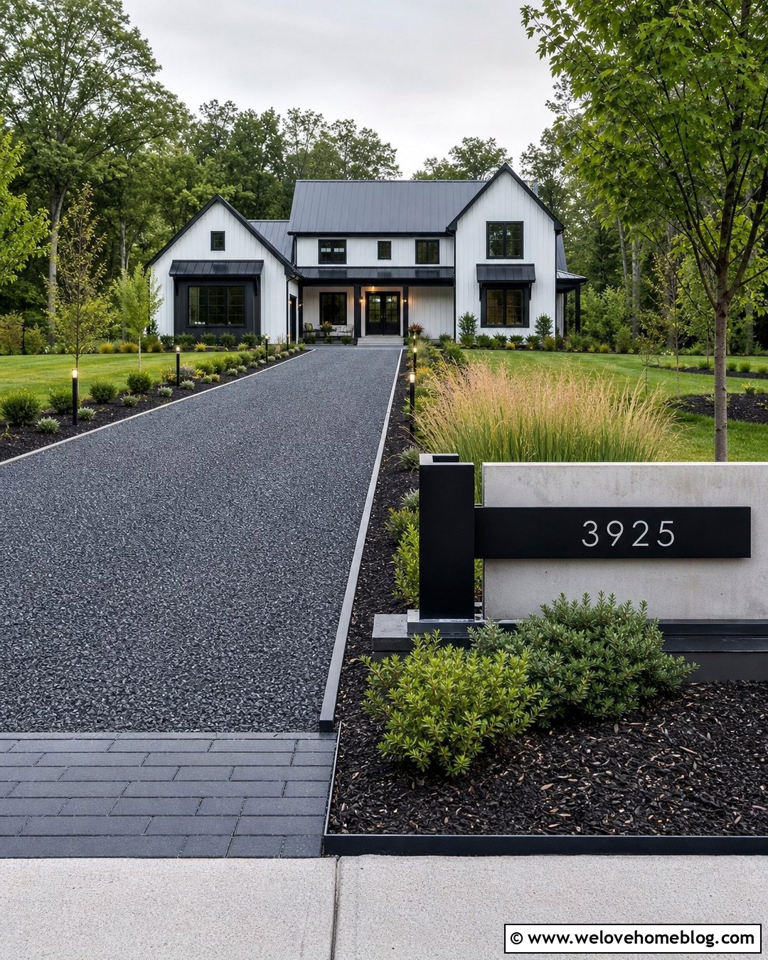 Gravel Driveway With Modern Address Sign - 50 gravel driveway ideas