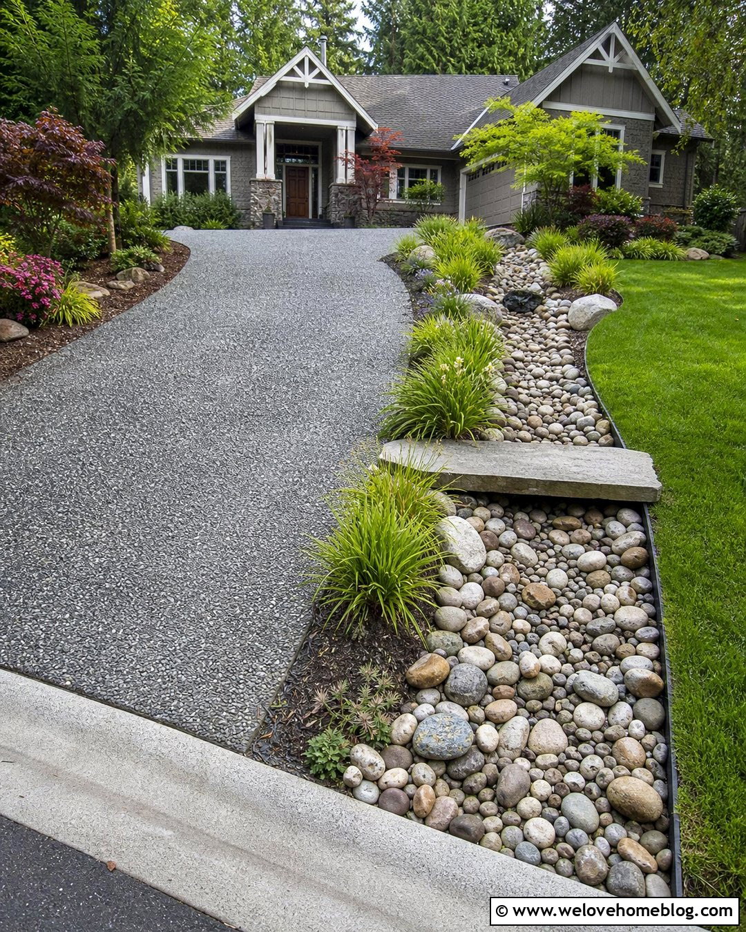 Gravel Driveway With River Rock Drainage Border - 50 gravel driveway ideas